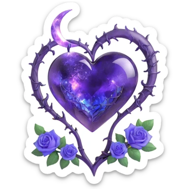 gothic heart made of smoky amethyst glass, silver crescent moon, indigo roses, holographic stardust, neon violet lightning, drenched and splintered glass sticker