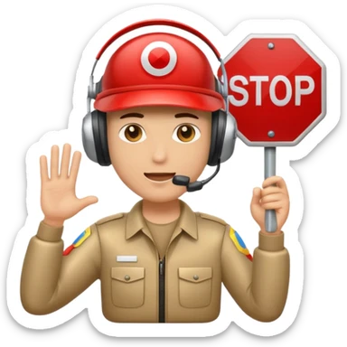 cartoon AI email bouncer with a visor and headset holding a stop sign blocking flying emails emoji sticker