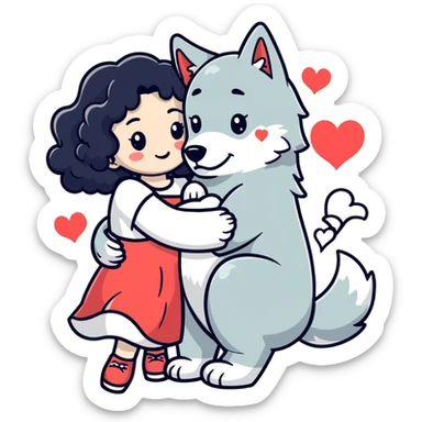 Black curly hair white skin girl hugging one big wolf with hearts above them sticker