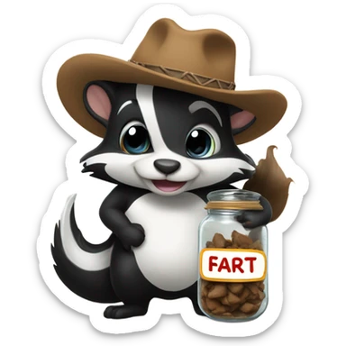 Skunk hugging a jar of fart and wearing cowboy hat sticker