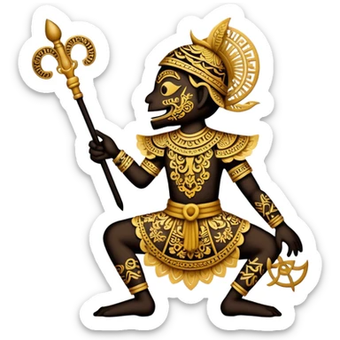 Cinematic Realistic Wayang Kulit Emoji, depicted as an intricate shadow puppet with detailed cut-out figures and traditional patterns, rendered with crisp textures and dynamic cultural lighting that captures its ancient artistry. sticker