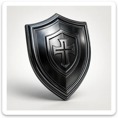 chrome style shield with a bold emblem, dark chrome, shiny, modern sticker
