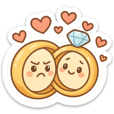 pair of wedding rings with faces, one looking frustrated and the other apologetic, both surrounded by hearts, funny and sweet for wedding stickers sticker