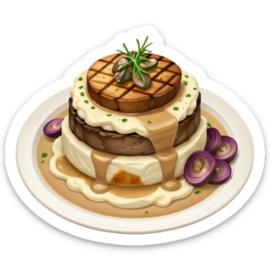 One Filet with mashed potato’s covered with mushroom gravy with grilled onions sticker