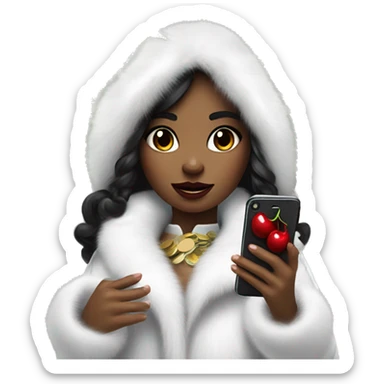A girl in a white fur coat with dark hair with an iPhone in her hands with stickers in the form of cherries and money sticker