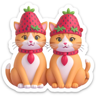 Two cats sitting next to each other, each wearing a strawberry hat sticker