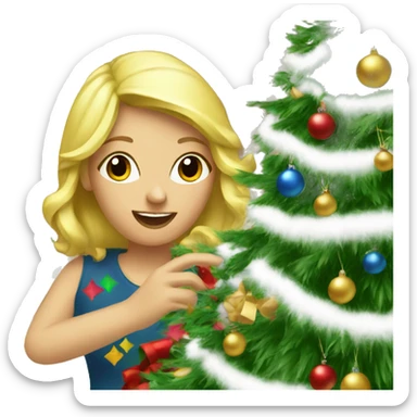 Blond women decorating a Christmas tree sticker
