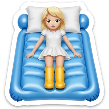 chica rubia con cara de miedo con unas botas de presoterapia gigantes inflables tirada en una cama sticker