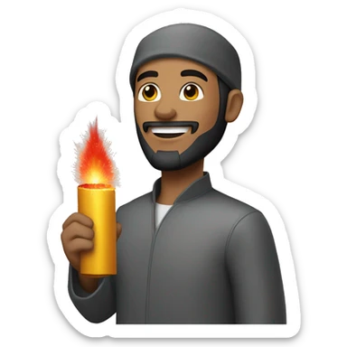 Muslim man holding a firecracker and building sticker