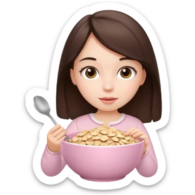 Brunette girl eating oats in a light pink bowl with a bow top sticker