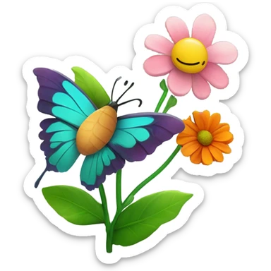 A flower with a butterfly making a confused face sticker