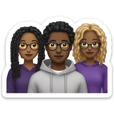 young Black male digital creator with glasses and black locs and purple sweatshirt holding two black women sticker
