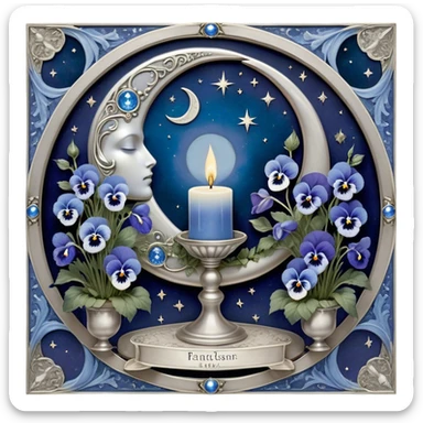 A mystical scene where deep blue and light blue pansies bloom under a silver crescent moon, casting an ethereal glow across the enchanted garden. A round, pearl-colored candle flickers atop an ornate silver stand, its wax melting into swirling patterns resembling planetary orbits. Surrounding it, a set of celestial tarot cards—The Moon, The Star, and The High Priestess—are carefully placed, their intricate silver engravings shimmering with divinatory power. The background sky is adorned with floating zodiac constellations, softly pulsing as if alive, while a trail of stardust leads to a glowing cosmic portal that opens into a swirling galaxy. sticker