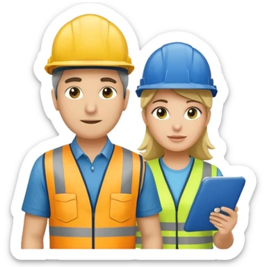 Um homem e uma mulher amarelos com capacete de obras azul escuro e camisa social cinza com faixas refletivas verdes nos braços. Um deles deve estar segurando um megafone sticker