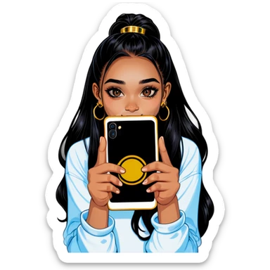 Beautiful young girl with dark choppy long hair flows as she holds her black phone with a gold septum ring that shines  sticker