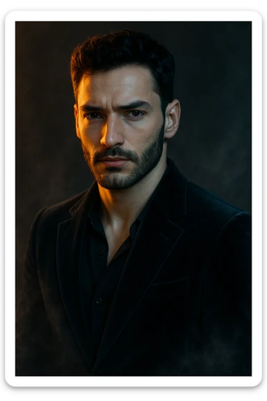 Usa questa immagine come riferimento per creare un ritratto iperrealistico e ravvicinato di un carismatico nodello maschile, ambientato in un contesto editoriale suggestivo. I volto è illuminato da fasci di luce ambrata e blU ghiaccio che contrastano tra loro, esaltando la simmetria marcata della mascella, la sottile barba incolta e uno sguardo penetrante e sicuro. I| modello indossa una giacca sartoriale scura in morbido velluto, leggermente sbottonata sul colletto. Lo sfondo sfuma in un profondo gradiente antracite con una delicata foschia cinematografica e sottili bagliori di luce. Un lieve velo di nebbia avvolge la sua silhouette, accentuando un'atmosfera sofisticata e misteriosa. L'effetto complessivo evoca un'eleganza di alta moda con un tocco moderno e malinconico, ideale per una campagna pubblicitaria di lusso o per la copertina di una prestigiosa rivista. sticker