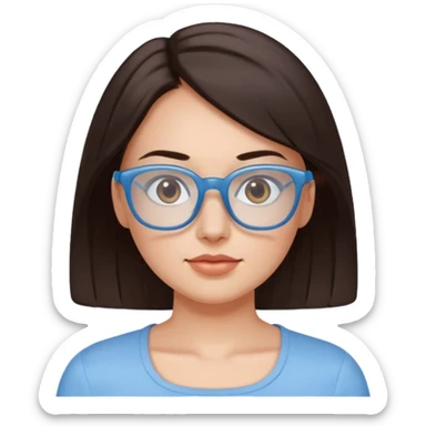 mujer de 30 años, cabello marron oscuro, ANTEOJOS CELESTE BLANCOS, top celeste escote cuadrado, piel blanca, cara redonda sticker