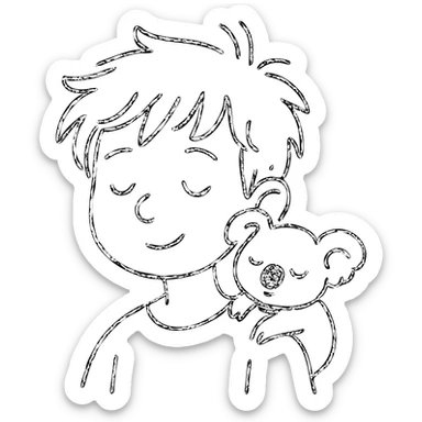 light brown messy haired boy with a tiny sleepy koala on his shoulder, hand drawn outlined icon sticker