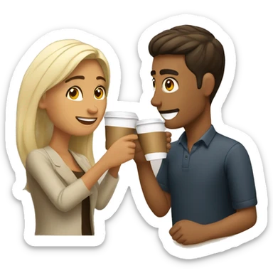 hispanic woman toasting a blonde dude using cups of coffee sticker