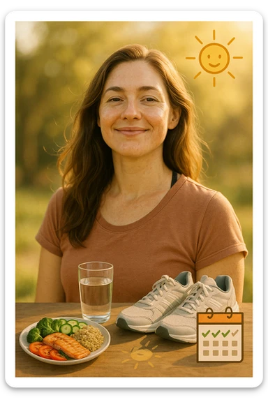 Realistic portrait of a woman with PCOS who is finally well, serene and vital appearance, glowing skin, healthy hair, relaxed but energetic posture. Next to her, visual symbols referencing a healthy lifestyle: balanced plate, glass of water, sneakers, sun, and a calendar with days marked without symptoms. Reduction of PCOS and premenstrual symptoms. Warm natural lighting, vertical 2:3, no text. sticker
