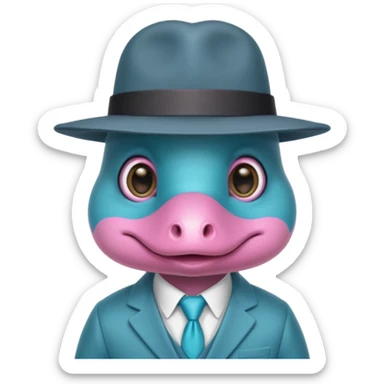 cute light blue turqiouse platypus head, mysterious with very big eyes with a detective hat, no  hands, looks like a platypus but blue, the hat and suit are pink sticker