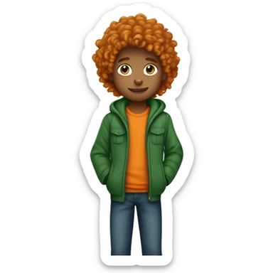 a curly long haird boy with green jacket holding an orange cat sticker