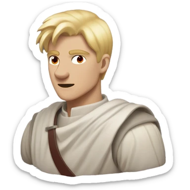 A man, with sharp dark red eyes and flowing blond short hair, eyes piercing straight ahead, mouth slightly turned up, have the spirit of overlord sticker