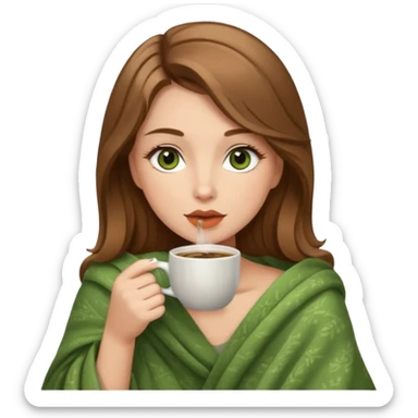 Brown hair with blonde strands, brown-green deer eyes, plump lips lady wearing light brown blanket drinking coffee  sticker
