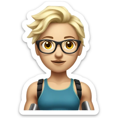 White Sports Girl with short spiky blonde hair glasses wearing shorts holding barbell on shoulders sticker
