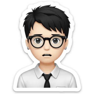 A boy with white skin, very black, medium and frayed hair, black eyes, black square glasses, white blouse and mouth piercing sticker