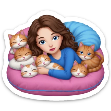 girl with long wavy brown hair, blue eyes, long lashes makeup, sexy pink lips, sleeping on a cozy pillow with 6 cats sticker