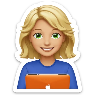 short wavy blonde hair tan skin teacher green eyes woman happy holding chromebook sticker
