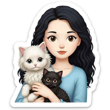 Lady with long black hair, with Ragdoll cat and small poodle  sticker