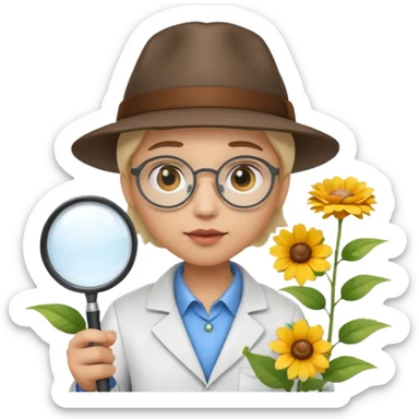 A 3D cartoon scientist wearing a hat and holding a magnifying glass close to bright flowers, curious expression, detailed Memoji-style realism.A 3D cartoon scientist wearing a hat and holding a magnifying glass close to bright flowers, curious expression, warm daylight. sticker