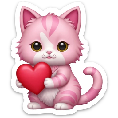 chibi anime pink cat holding a big heart sticker