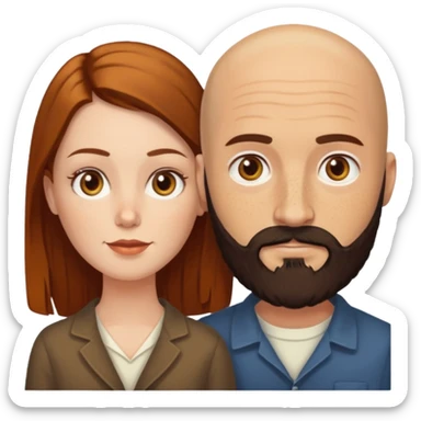 Couple. Bald man with dark brown-black beard. White woman with many small, faded freckles, she has white skin and she has auburn-yellow-brown-cinnamon, dark long hair. She has light brown eyes. The man have hazel eyes. Retro style. sticker