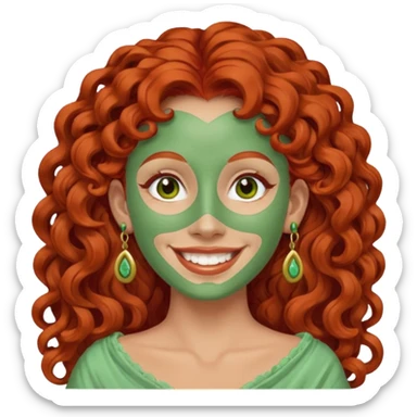 red haired very long curly haired woman with full face light green clay mask  and big earrings  sticker
