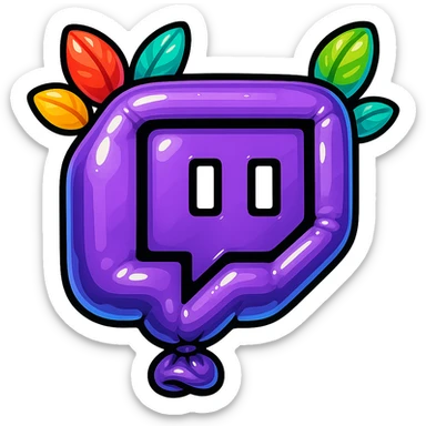 Chunky, smooth, and glossy Twitch logo, cartoon style, bold outline, strong shadows, bright highlights, decorated with colorful leaves, no background. Extra attention to contours and shine, in the style of the reference image, but even more rounded. sticker