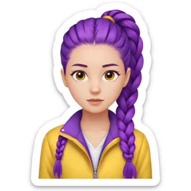 a beautiful girl face, long purple high pony single braided hair from the forehead, wearing a white shirt and a yellow jacket sticker