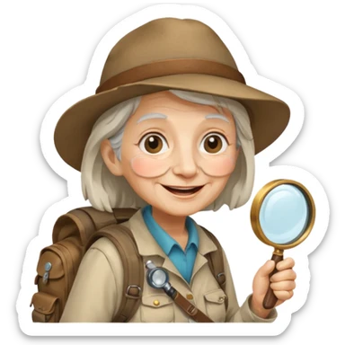 Explorer old woman with magnifying glass and backpack sticker