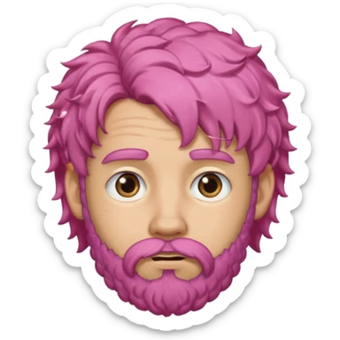 A light-skinned man with moderately curly pink hair, brown eyes, a beard, and a slightly uneasy expression. sticker