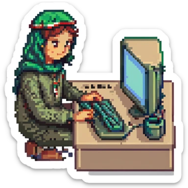 pixel art of a Palestinian coder at a computer, with subtle Palestinian cultural elements sticker
