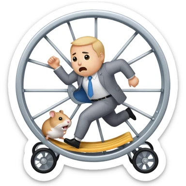 "Create an emoji of a stressed-out agency owner or coach, running on a hamster wheel, chasing after clients with desperation. The character looks frustrated and tired, symbolizing unpredictable income."

 sticker
