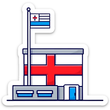Modern hospital with Thai flag prominently displayed, medical symbol, flag with red white blue stripes sticker
