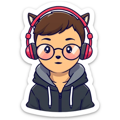 tan brunette girl with a short wolf haircut, round ruby glasses, black headphones, and a black hoodie sticker
