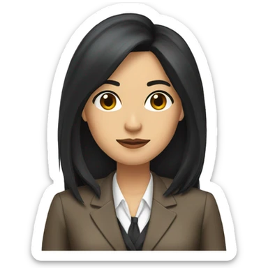 Female defense attorney with long black hair with brown suit sticker