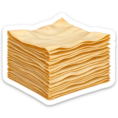 stack of ultra-thin rectangular phyllo dough sheets with wavy edges, soft beige color, top sheet lifted or curled showing delicate translucent texture, dry smooth surface with creases, clean 3D rendering, soft shadows, transparent background, emoji scale sticker