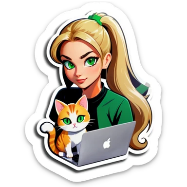 Blonde woman ponytail green eyes with cat and MacBook sticker