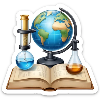 Icon for Scientific and Educational Reading: an open book with mathematical formulas, a microscope, a test tube, and a globe. The icon should represent the curiosity and knowledge found in scientific and academic books. Transparent background. sticker