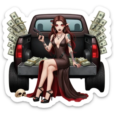 Lilith symbol red eye seductress evil long brown haired sexy succubus woman with leather long dress with slit, sitting in Big Large F350 pickup truck. Black Platform high heels on feet. Tattoo sleeve arms, seat full of stacks of cash, and a man dead human skull of her enemies and a gun in other hand sticker